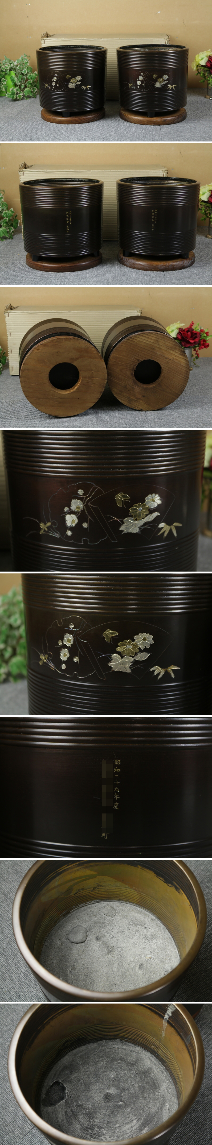 人気買付銅製火鉢 手焙り火鉢 一対 花模様 昭和２９年 記念品50 その他