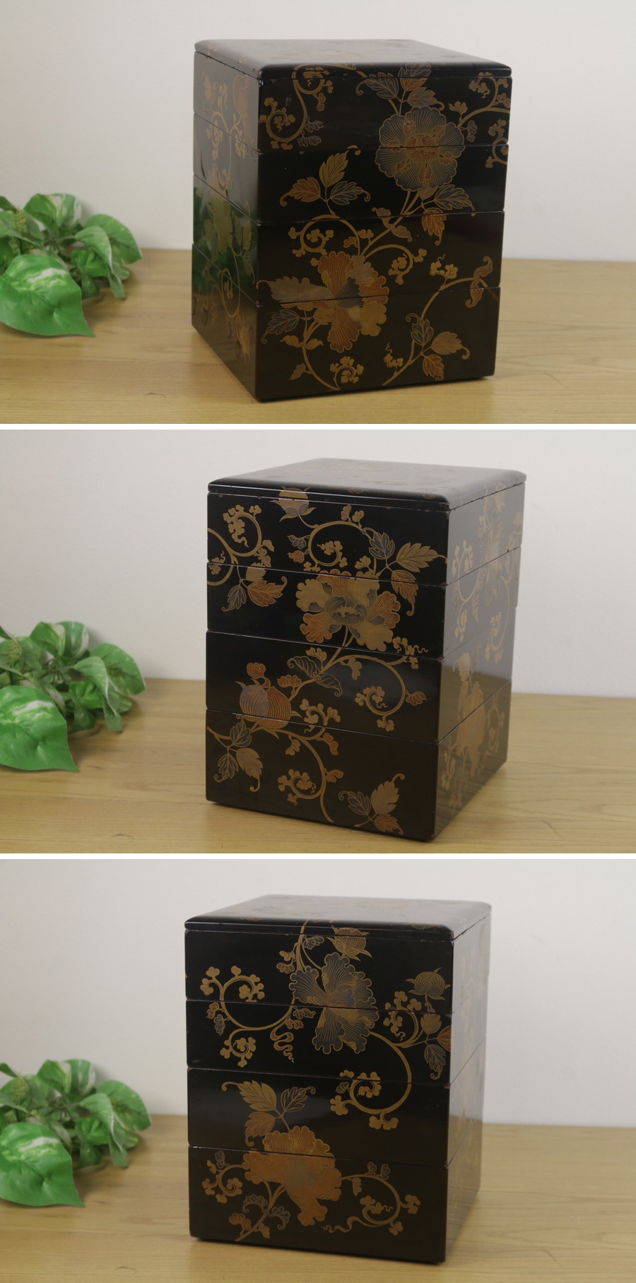 【安い激安】四段重 重箱 牡丹唐草蒔絵 金蒔絵 漆器 重箱